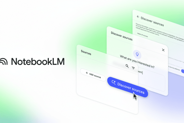 The Notebook LM logo is prominently displayed on the left, next to a series of overlapping interface windows showing the Discover sources feature. The