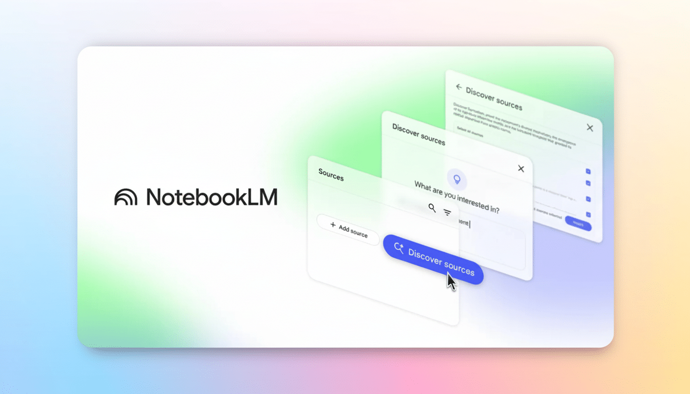 Notebook LM interface with pop -up windows for discovering sources and adding new content, featuring a minimalist design.