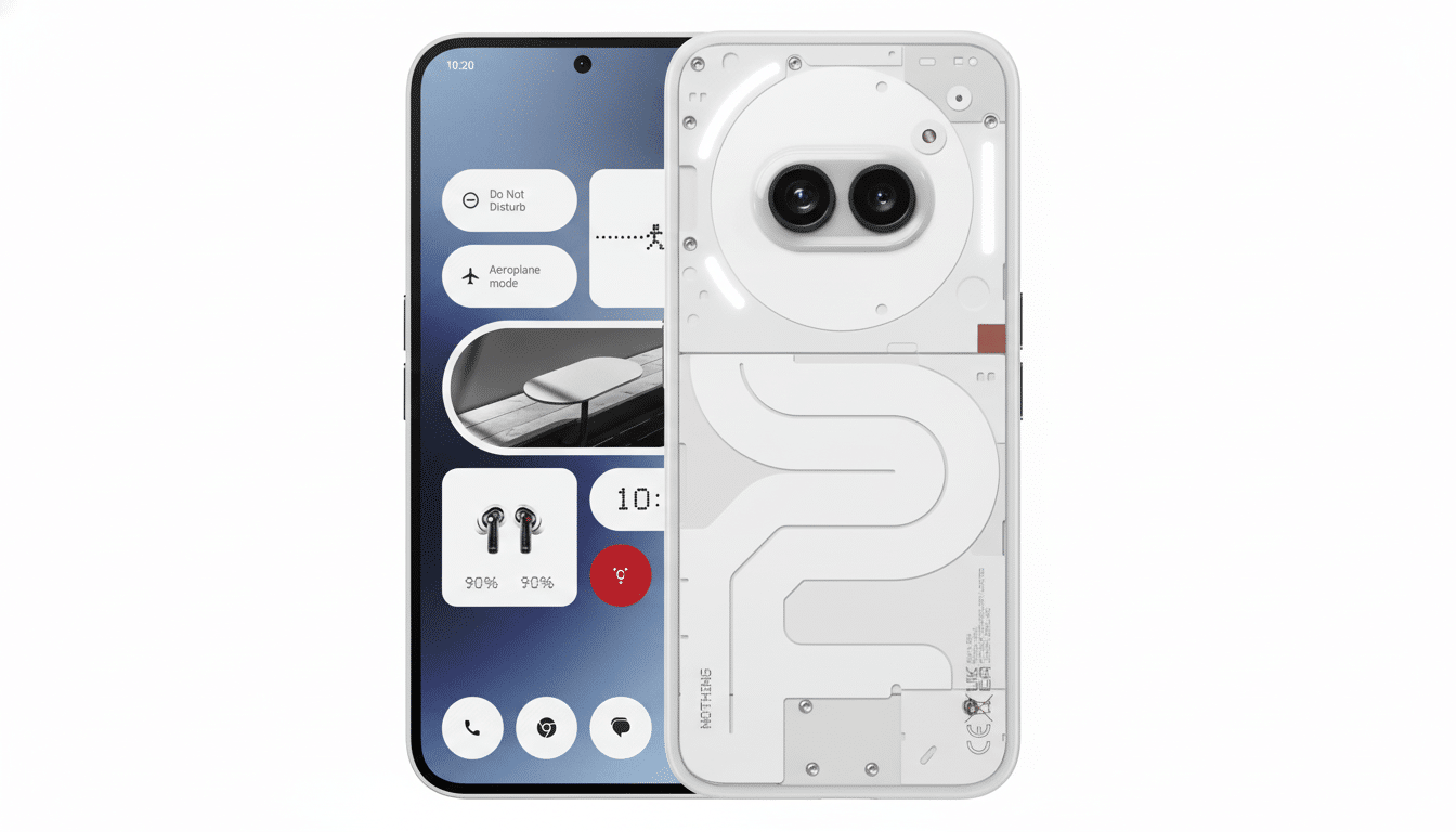 A professional 16:9 shot of a white Nothing Phone (2 ), displaying its back and front screens against a clean white background.