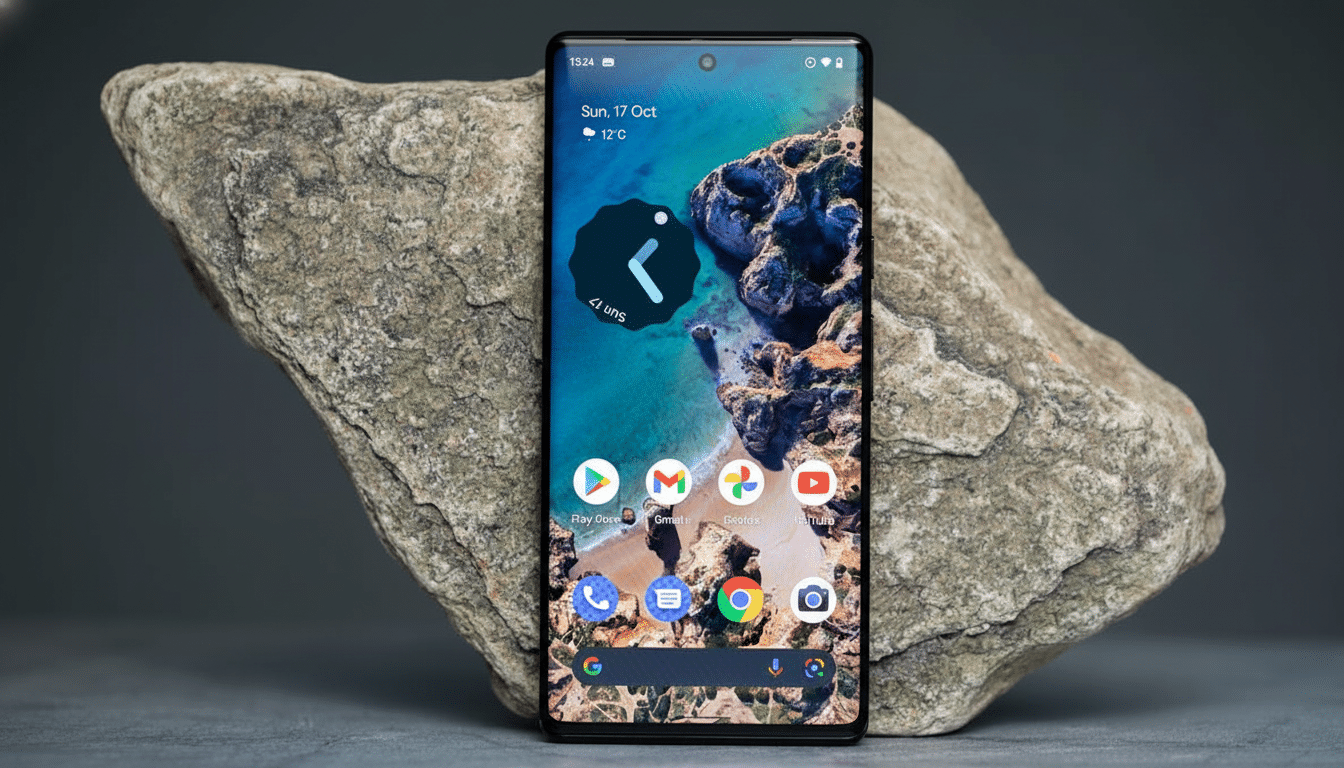 A modern smartphone displaying a home screen with various app icons, set against a natural rock background, with a clean and professional enhancement .