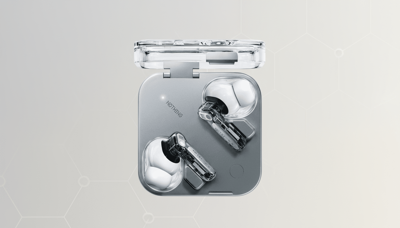 Nothing Ear ( 1) wireless earbuds in their open charging case, presented on a professional flat design background with soft patterns.