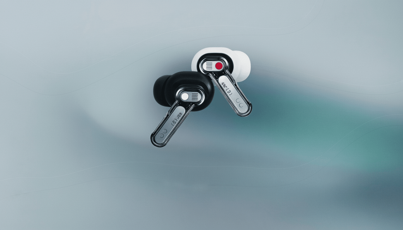 Two Nothing Ear ( 1) earbuds, one black and one white, on a soft gradient background. Filename : nothingear 1ear budsprofessional .png