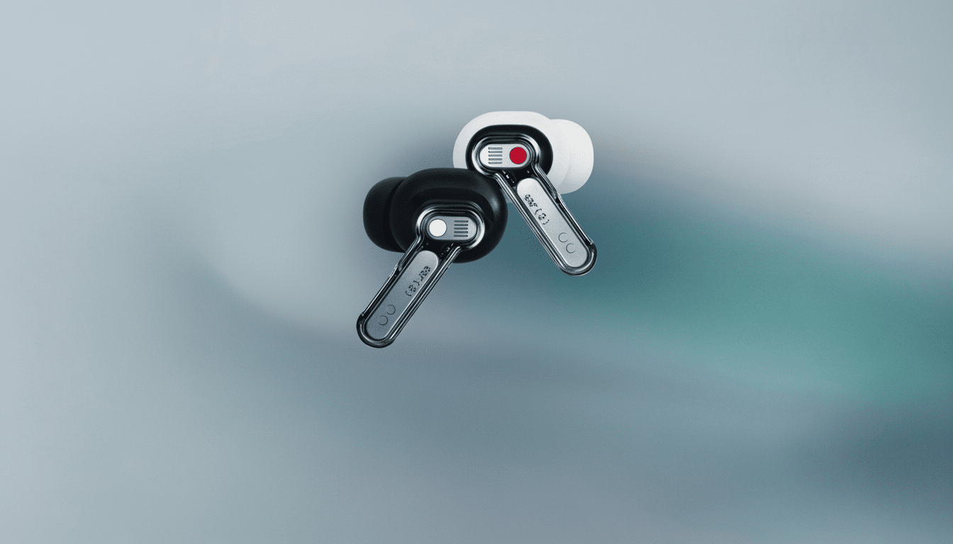 Two Nothing Ear ( 1) earbuds, one black and one white, are shown on a soft , light gray and teal gradient background. Filename : nothingear 1ear budsprofessional .png