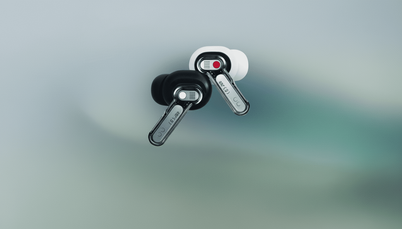 Two Nothing Ear ( 1) earbuds, one black and one white, on a subtle gradient background.