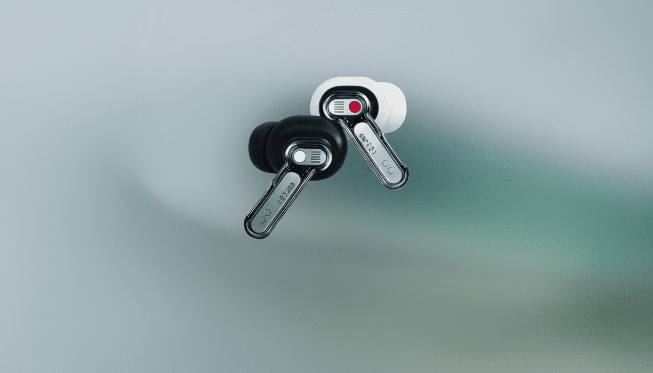 Two Nothing Ear ( 1) earbuds, one black and one white, on a subtle gradient background.