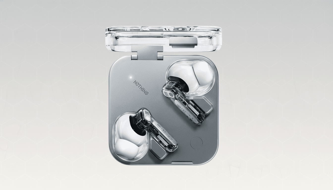 Nothing Ear (1) wireless earbuds in their open charging case, presented on a professional flat design background with soft geometric patterns. Filename : nothingear 1 ear budscase. png