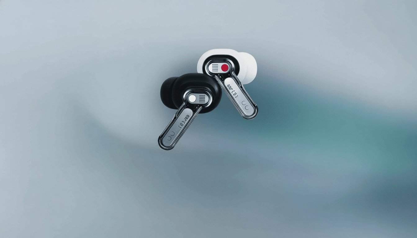 A black and a white Nothing Ear (1) ear bud displayed on a soft gradient background.