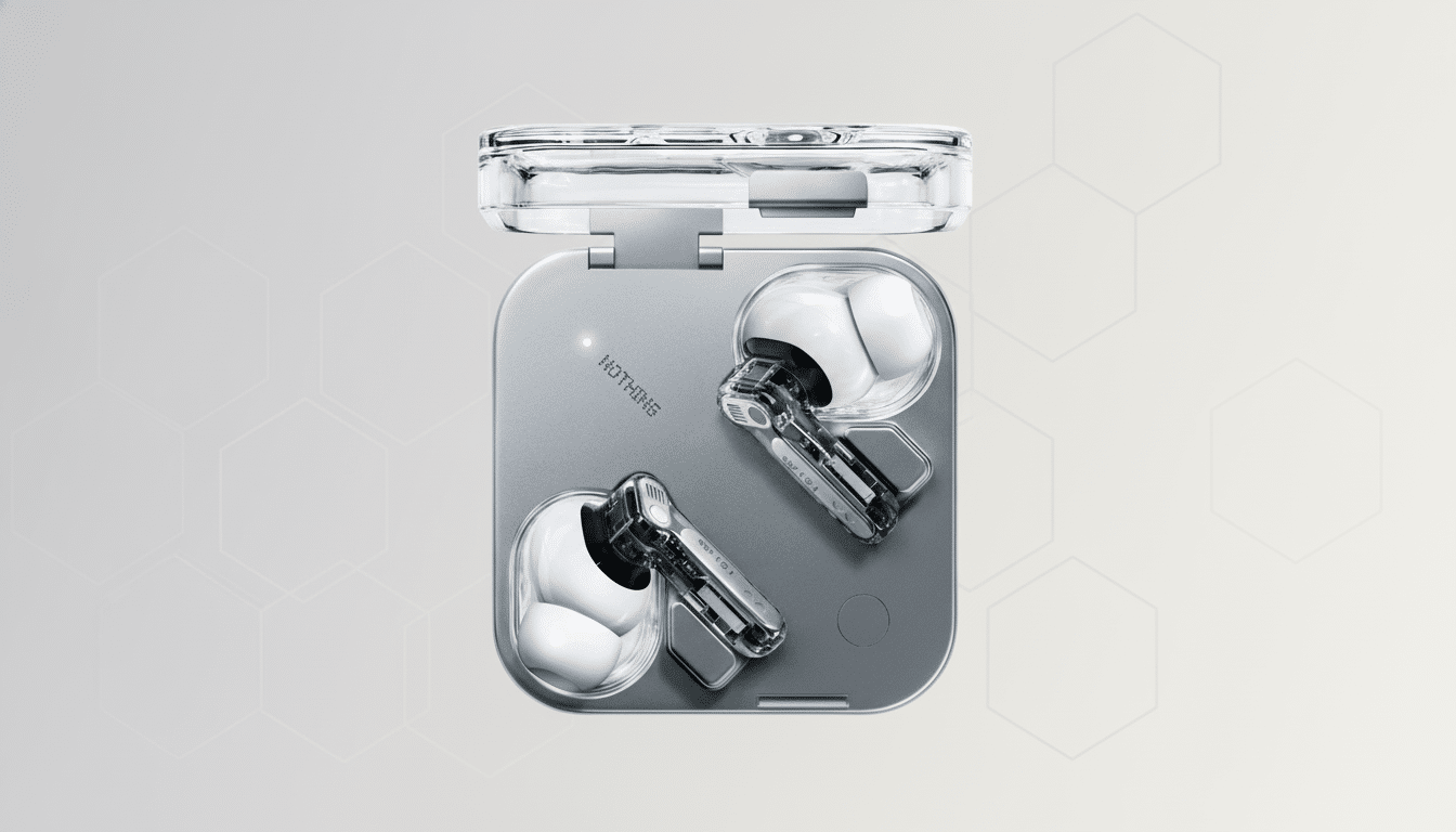 Nothing Ear ( 1) wireless earbuds in their open, clear charging case, presented on a subtle grey background with faint hexagonal patterns.