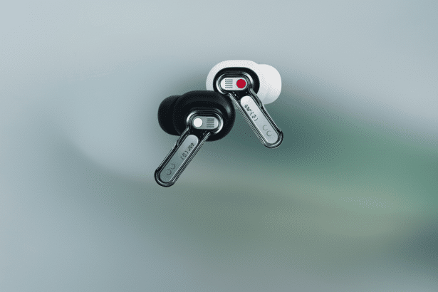 A pair of black and white Nothing Ear ( 1) wireless earbuds are displayed on a professional flat design background with a soft gradient, preserving th