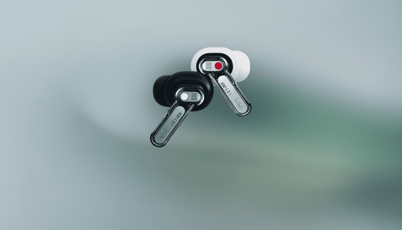 A pair of black and white Nothing Ear ( 1) wireless earbuds are displayed on a professional flat design background with a soft gradient, preserving th