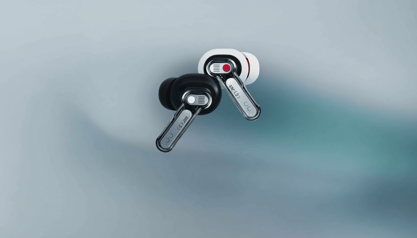 A professional shot of two Nothing Ear (1) earbuds, one black and one white, lying on a subtle gradient background.