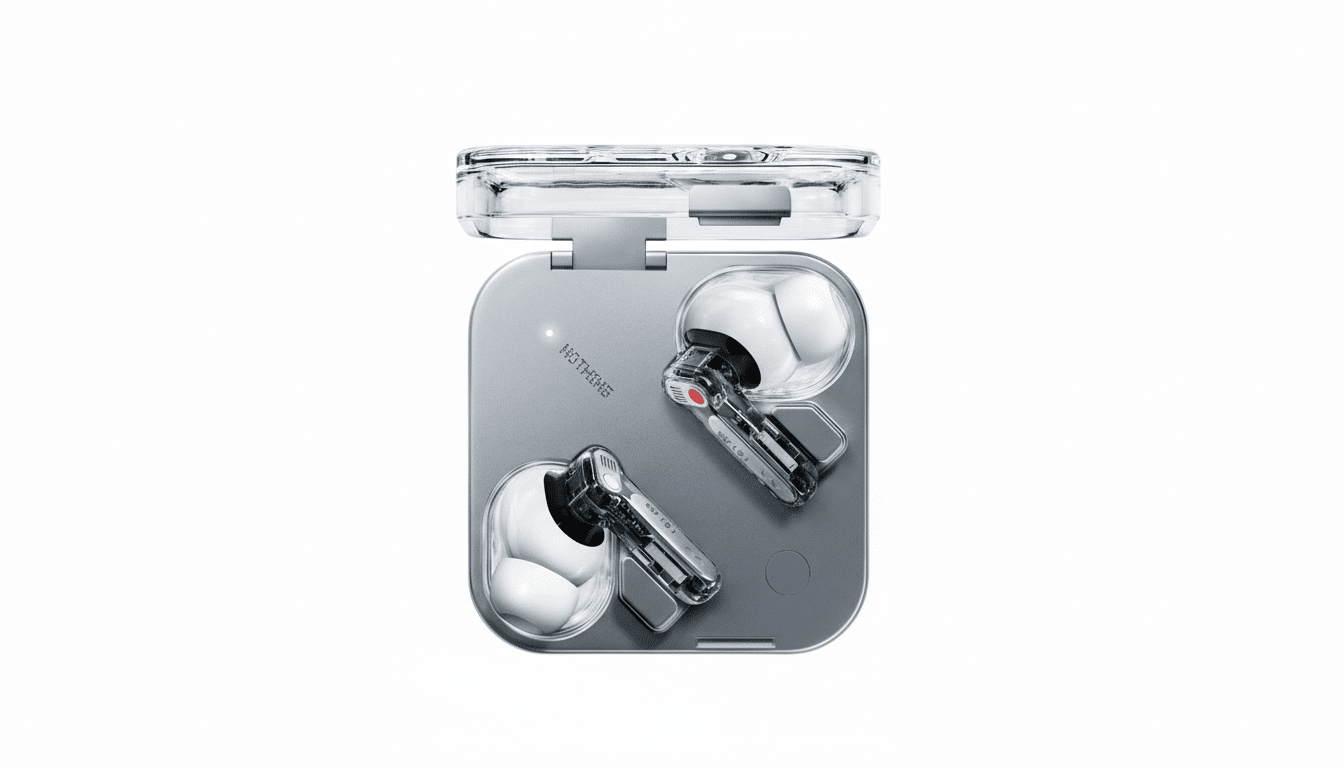 Nothing Ear (1) wireless earbuds in their open , clear charging case, presented on a white background with a 16:9 aspect ratio.
