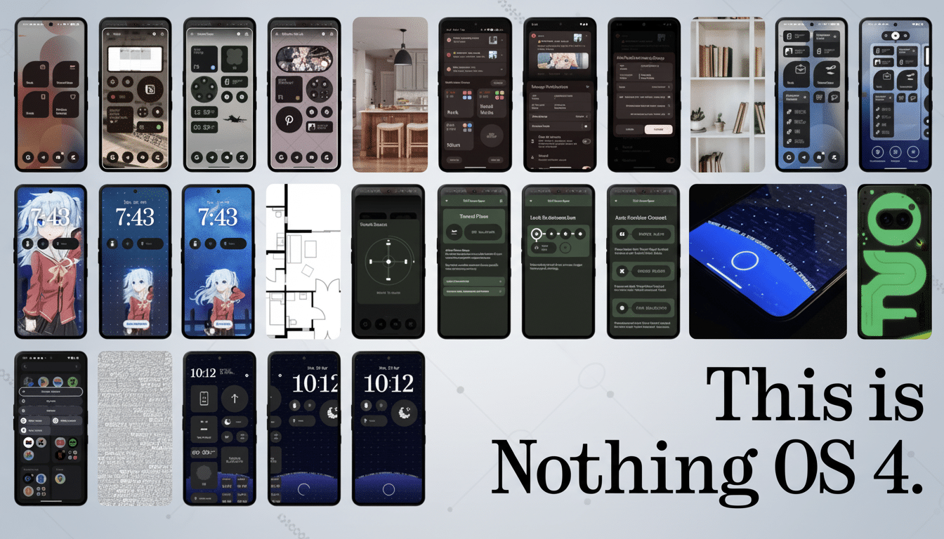 A collage of various smartphone screens displaying the user interface of Nothing OS 4, with text overlay This is Nothing OS 4.