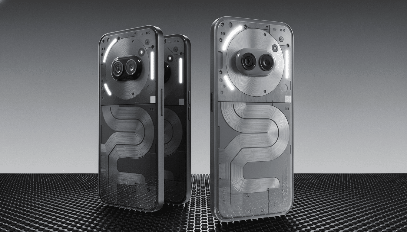 A professional shot of two Nothing Phone ( 1) smartphones with their transparent backs and glyph interface visible, presented on a dark, textured surf