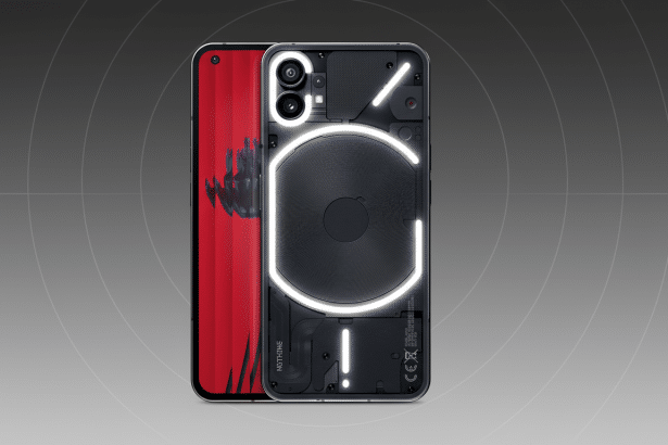 A professional 16:9 aspect ratio image of a Nothing Phone 1 with its transparent back and illuminated Glyph Interface , next to another Nothing Phone 1 with a red background on its screen. The phones are set against a professional flat gray background with subtle concentric circle patterns. Filename : nothingphone 11 69 professional.png