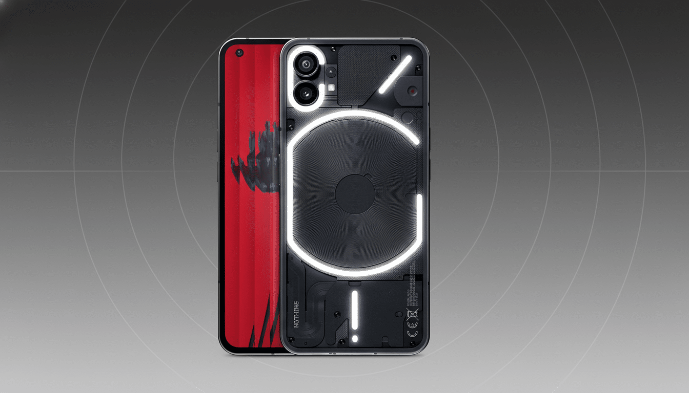 A professional 16:9 aspect ratio image of a Nothing Phone 1 with its transparent back and illuminated Glyph Interface , next to another Nothing Phone 1 with a red background on its screen. The phones are set against a professional flat gray background with subtle concentric circle patterns. Filename : nothingphone 11 69 professional.png