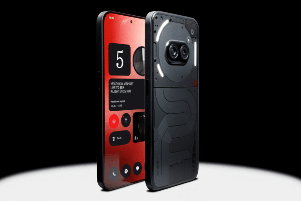 A modern smartphone with a transparent back panel showing internal components and glowing lights, next to another phone displaying a flight informatio