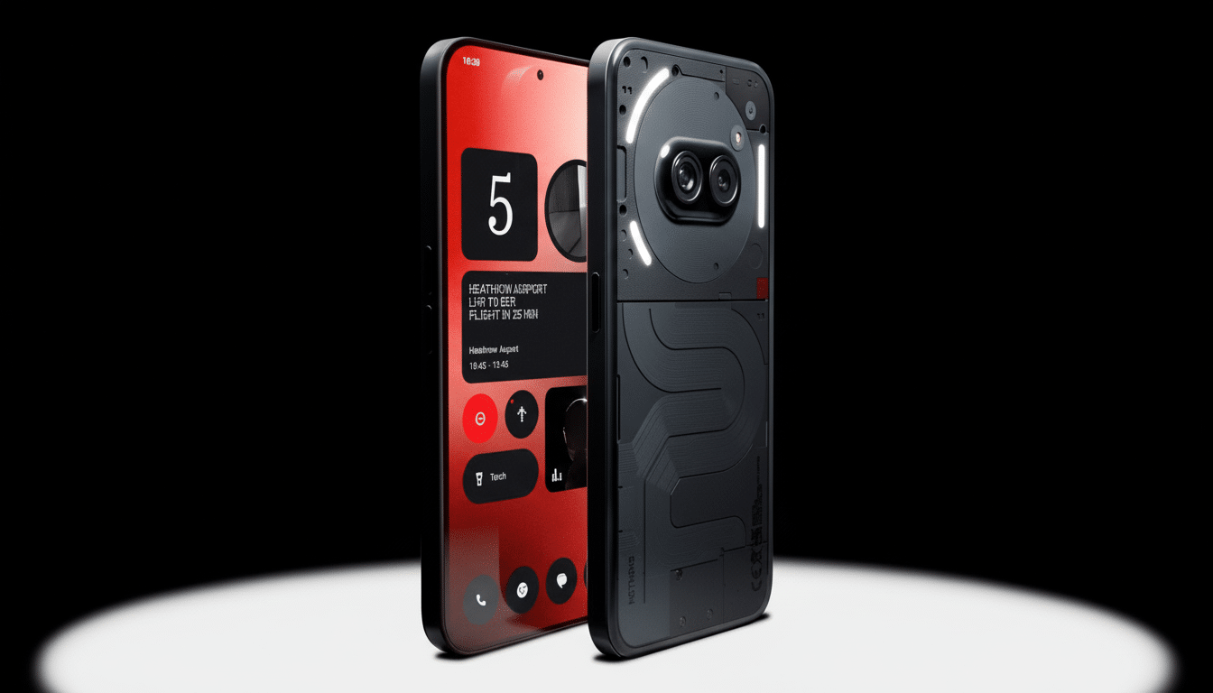 A modern smartphone with a transparent back panel showing internal components and glowing lights, next to another phone displaying a flight informatio