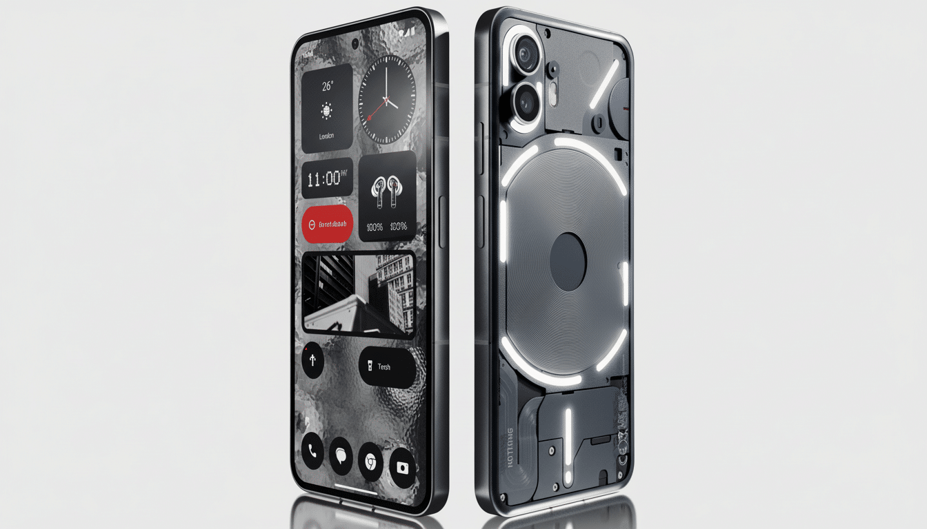 A front and back view of a Nothing Phone (1) on a minimalist gray background. The front screen displays widgets including weather , time, and app icons. The back of the phone shows its unique transparent design with glowing white light strips .