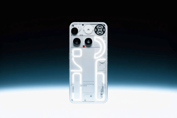 The Nothing Phone (1) with its unique transparent back design and glowing Glyph Interface , presented against a dark blue and white gradient background.