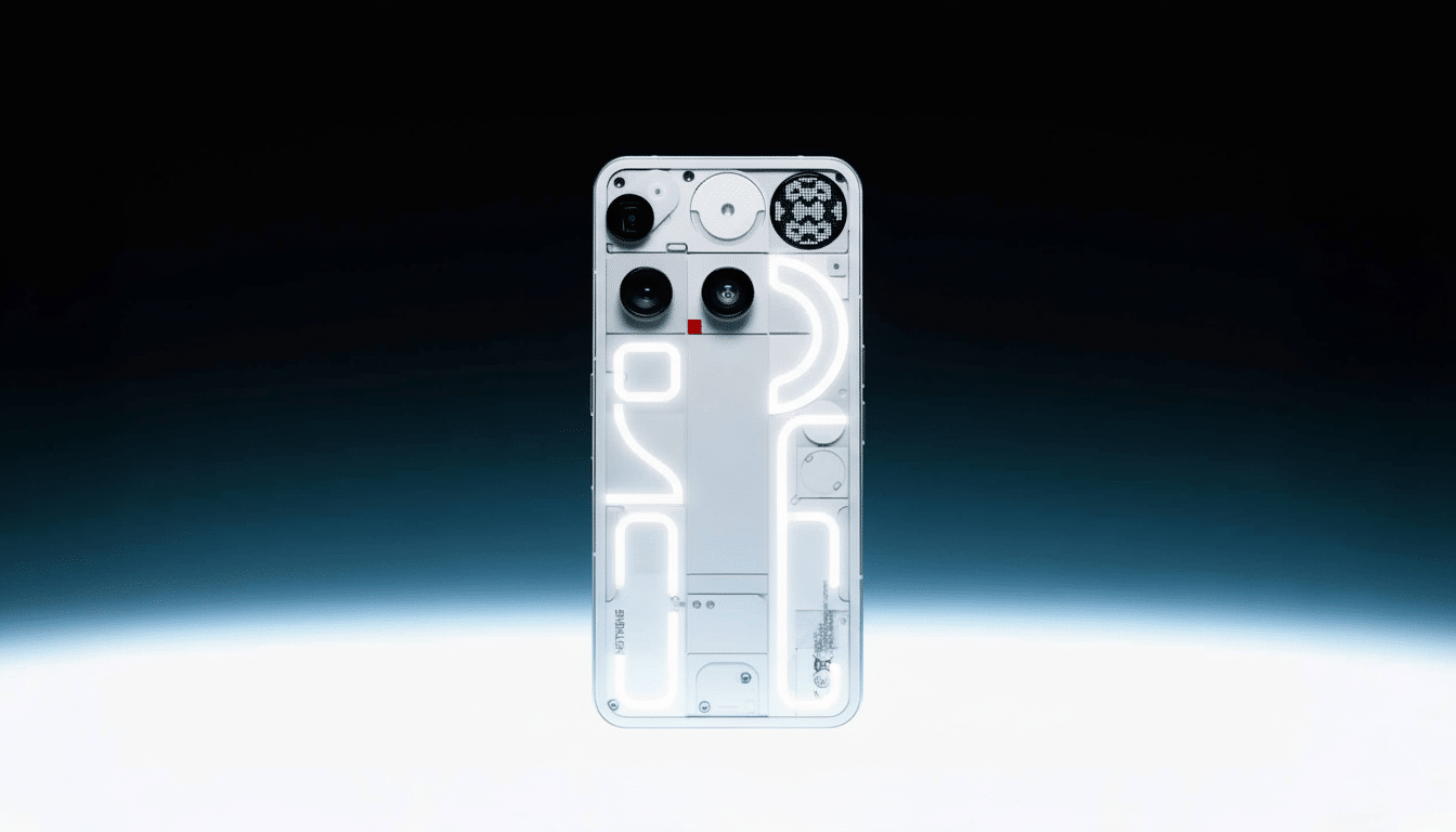 The Nothing Phone (1) with its unique transparent back design and glowing Glyph Interface , presented against a dark blue and white gradient background.