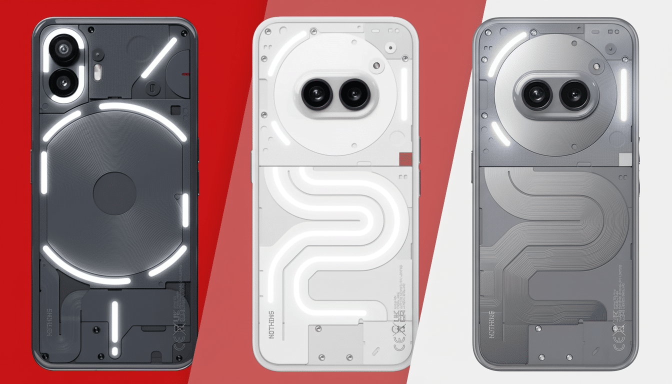 Three Nothing Phone 2 models in black, white, and gray, showcasing their transparent backs with illuminated glyph interfaces and dual cameras.