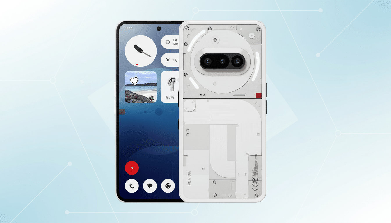 A white Nothing Phone (2 ) displayed with its front screen showing a custom user interface and its back revealing the transparent design, set against a professional light blue background with subtle geometric patterns.