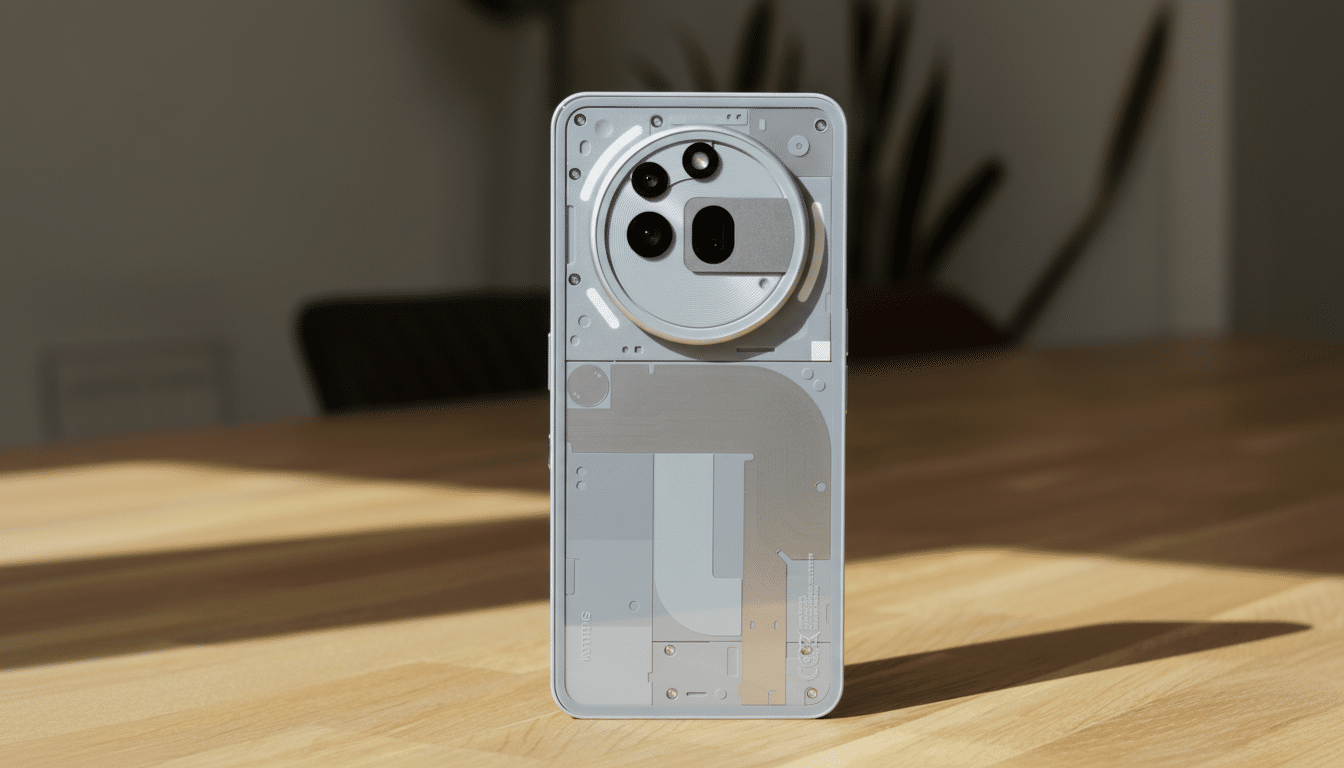 The Nothing Phone 2 with its transparent back cover , showcasing internal components and camera module , on a wooden table .