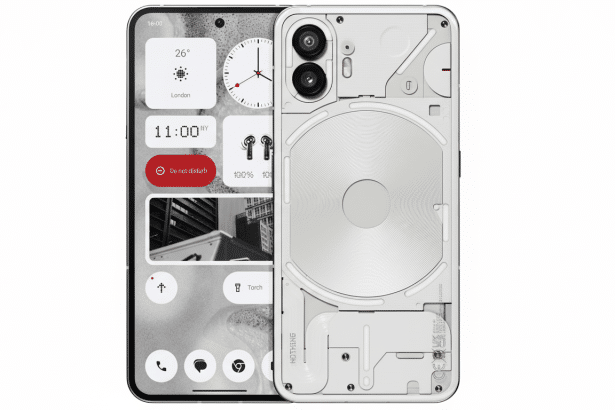 A professional , enhanced image of a Nothing Phone (2 ) in white, showcasing both its front display with monochrome widgets and its transparent back design.