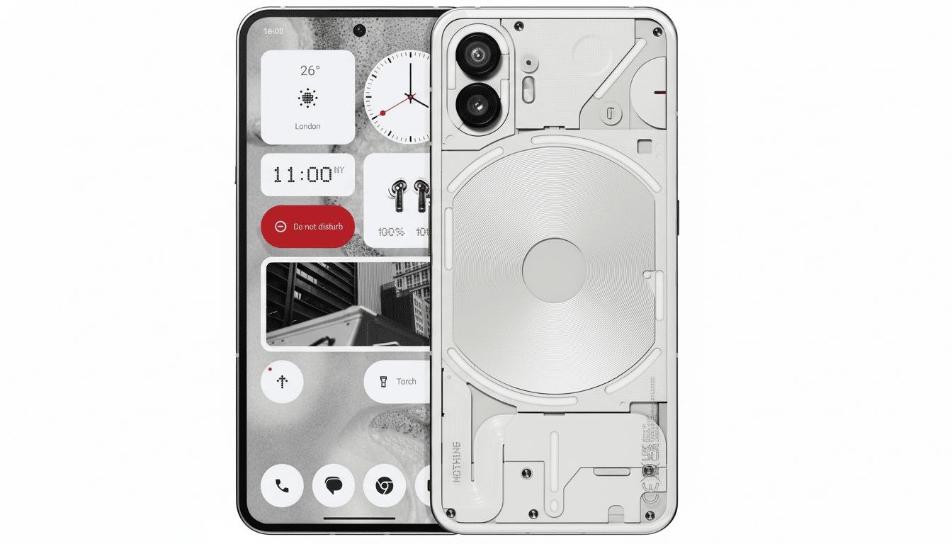 A professional , enhanced image of a Nothing Phone (2 ) in white, showcasing both its front display with monochrome widgets and its transparent back design.