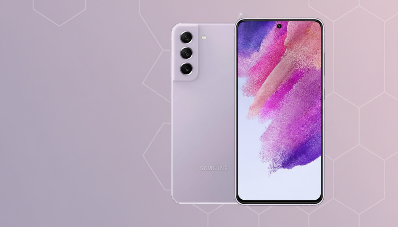 A lavender Samsung smartphone is displayed in a 16:9 aspect ratio. The phone is shown from the front and back, with the screen displaying a colorful, abstract wallpaper. The background is a professional flat design with soft, hexagonal patterns and a gradient from light lavender to a slightly darker, warm purple.