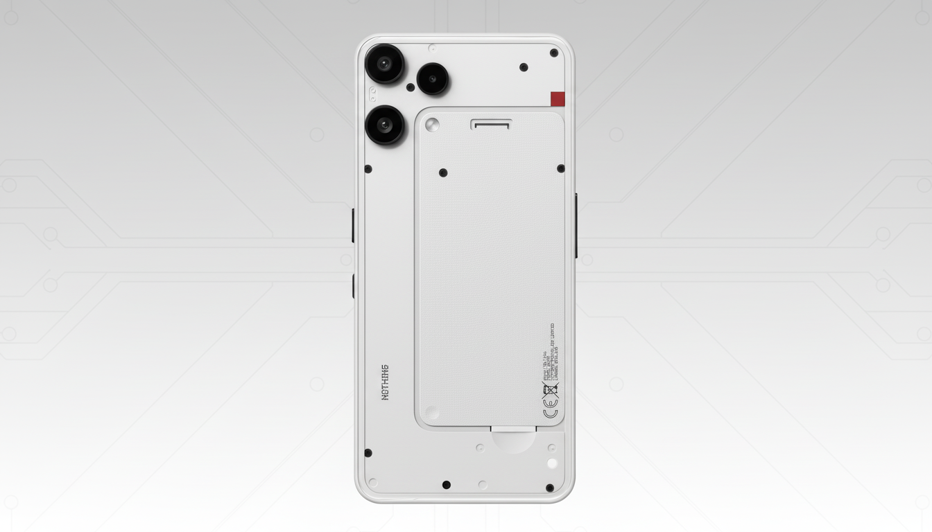 A white Nothing Phone (2a) with a transparent back panel revealing internal components, set against a professional white background with subtle circuit board patterns.