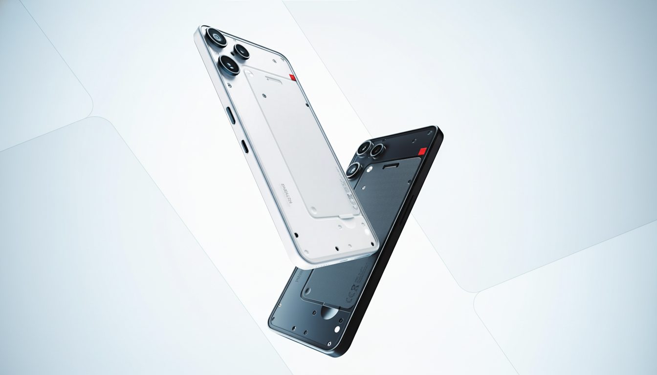 A white and a black Nothing Phone (1) are shown at an angle against a light blue background with subtle geometric patterns.