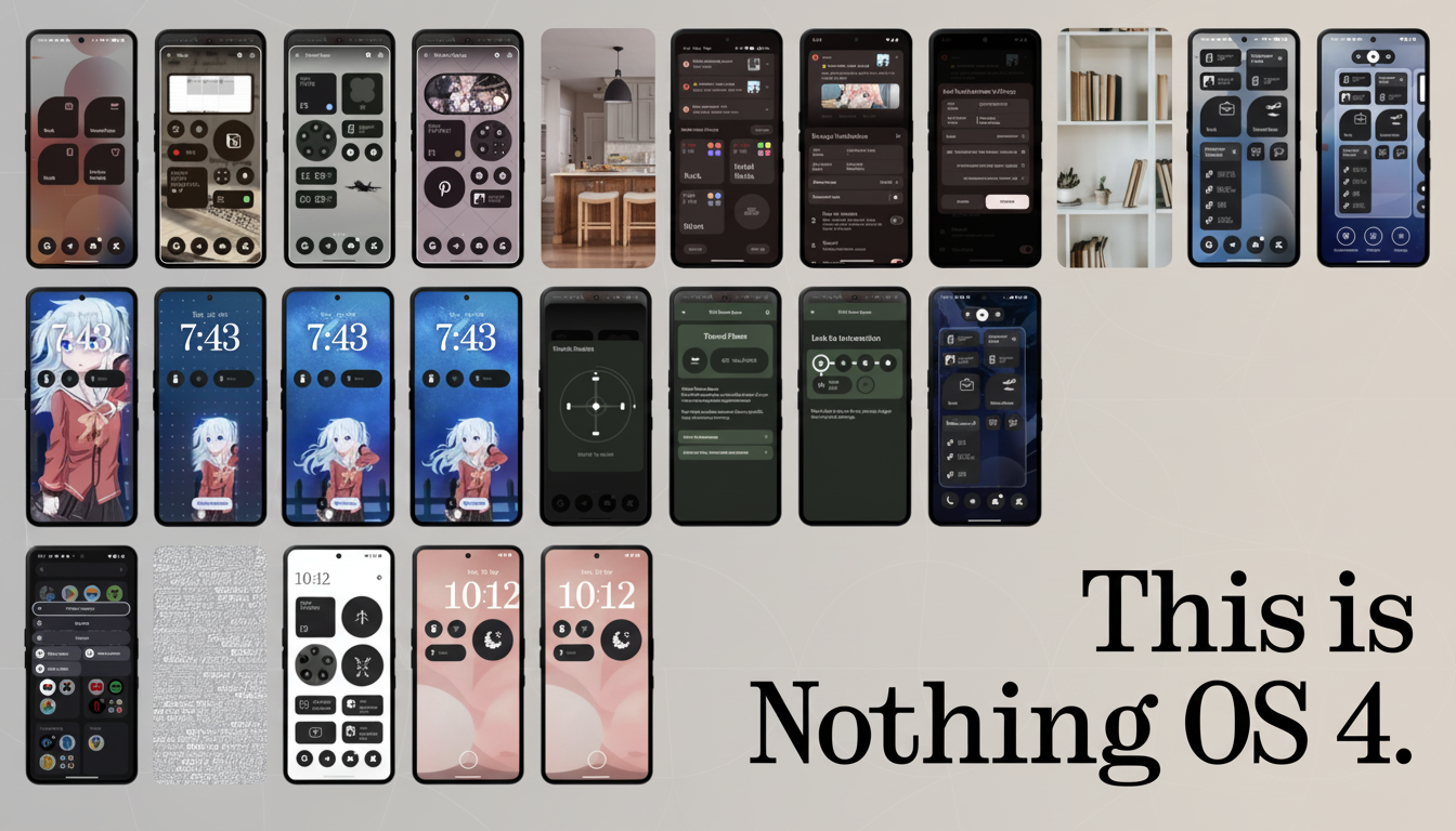 A collage of smartphone screens showcasing various interfaces and features of Nothing OS 4, with a text overlay that reads This is Nothing OS 4.