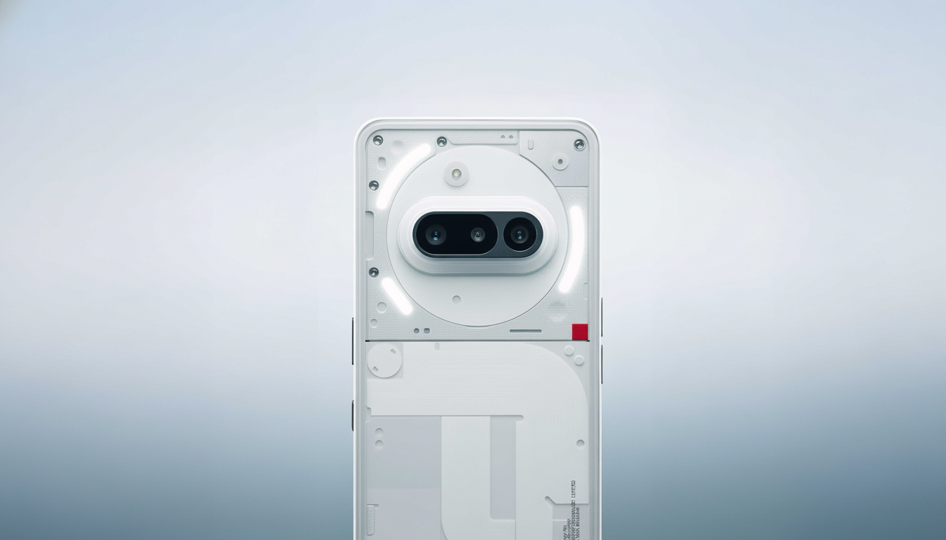 A white smartphone with a transparent back, revealing internal components and a dual-camera system, set against a clean, light gray background.