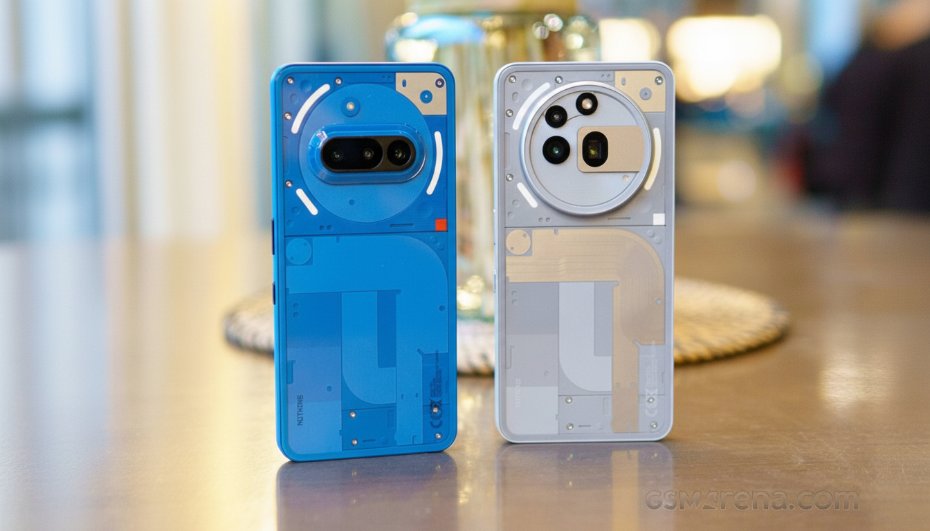 Two Nothing Phone (2a) smartphones, one blue and one white, are displayed side-by-side on a table.
