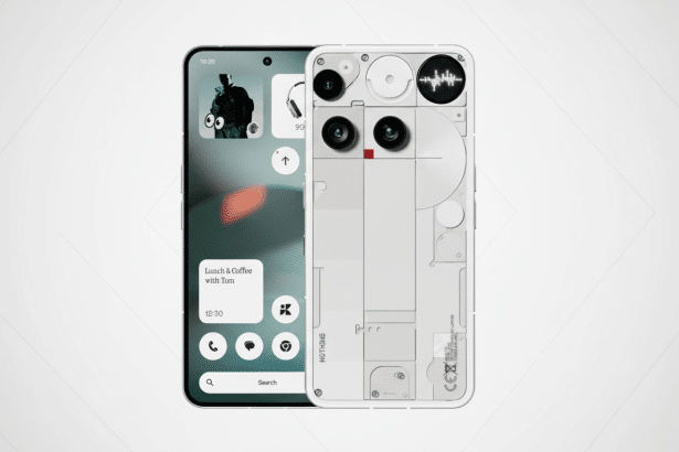 A professional image of the Nothing Phone 2, with its front display showing a home screen layout and its unique transparent back cover visible, against a subtle gradient background.