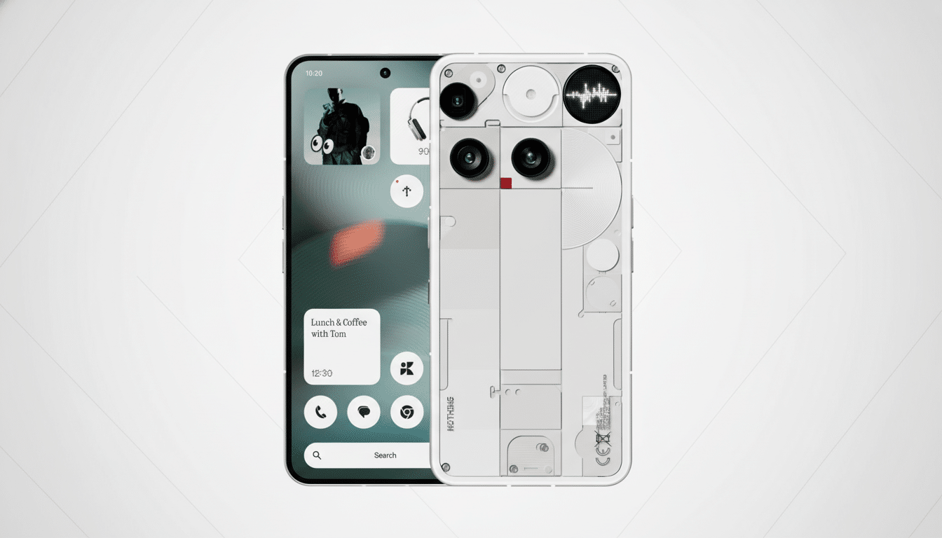 A professional image of the Nothing Phone 2, with its front display showing a home screen layout and its unique transparent back cover visible, against a subtle gradient background.