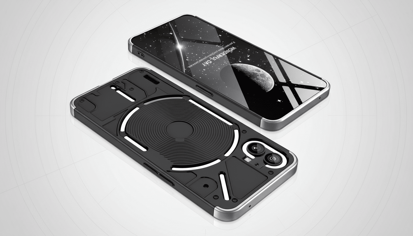 Two Nothing Phone (1) devices , one with a protective case, presented on a subtle gradient background. Filename : nothingphone case andphone .png