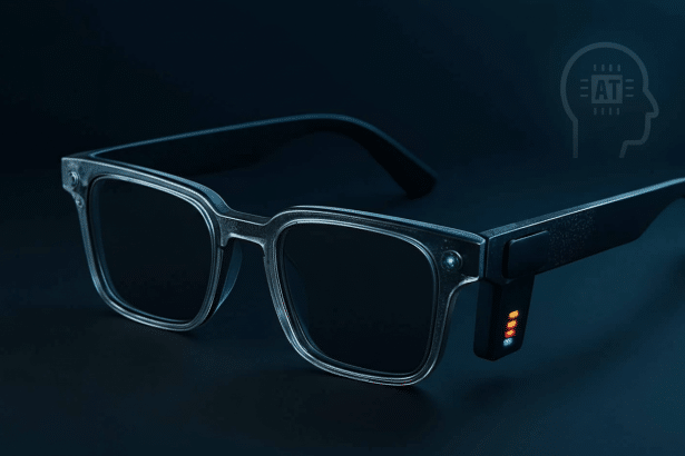 Smart glasses with a translucent frame and glowing indicator lights, set against a dark, professional background.