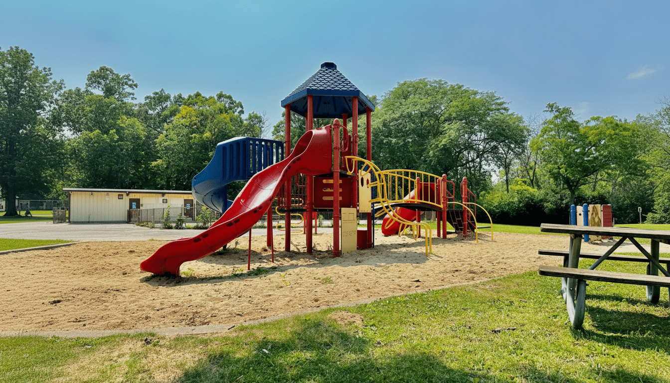 A vibrant childrens playground with red and blue slides, yellow railings, and a blue- roof ed tower, set in a sandy area surrounded by green grass and