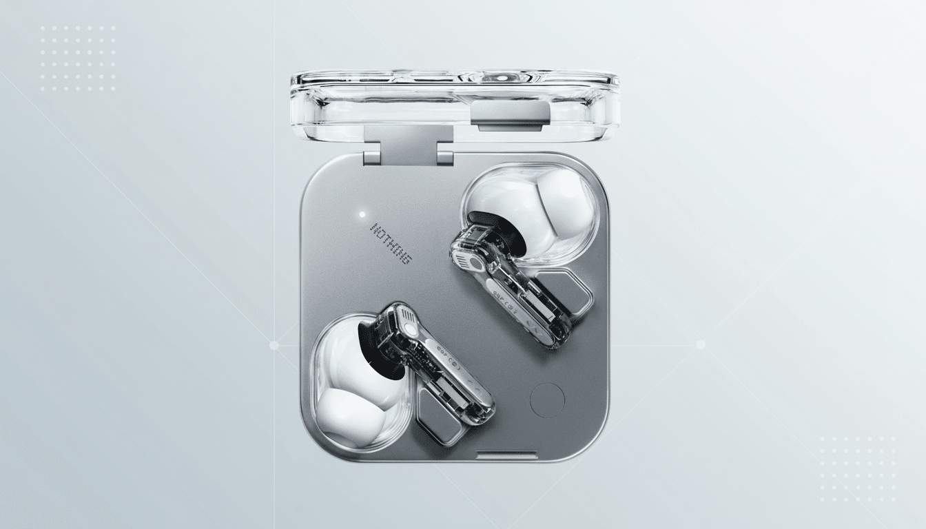 Nothing Ear (1) wireless earbuds in their open charging case, presented on a subtle gradient background with a clean , professional look .
