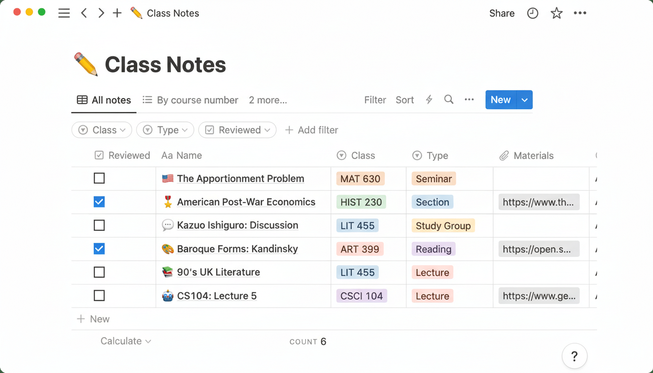 A screenshot of a  Class Notes application interface , displaying a table with various class assignments and their details.