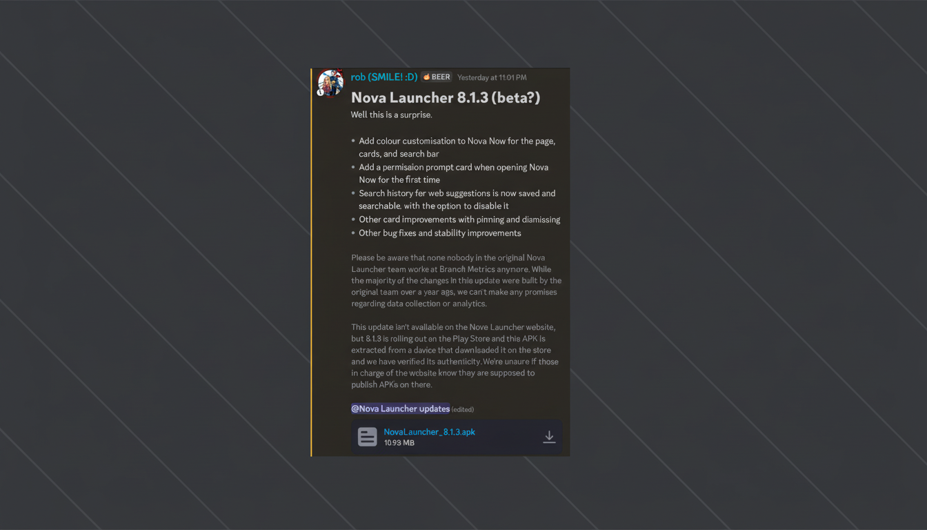 Nova Launcher 8.1.3 on Android home screen amid Branch Metrics uncertainty