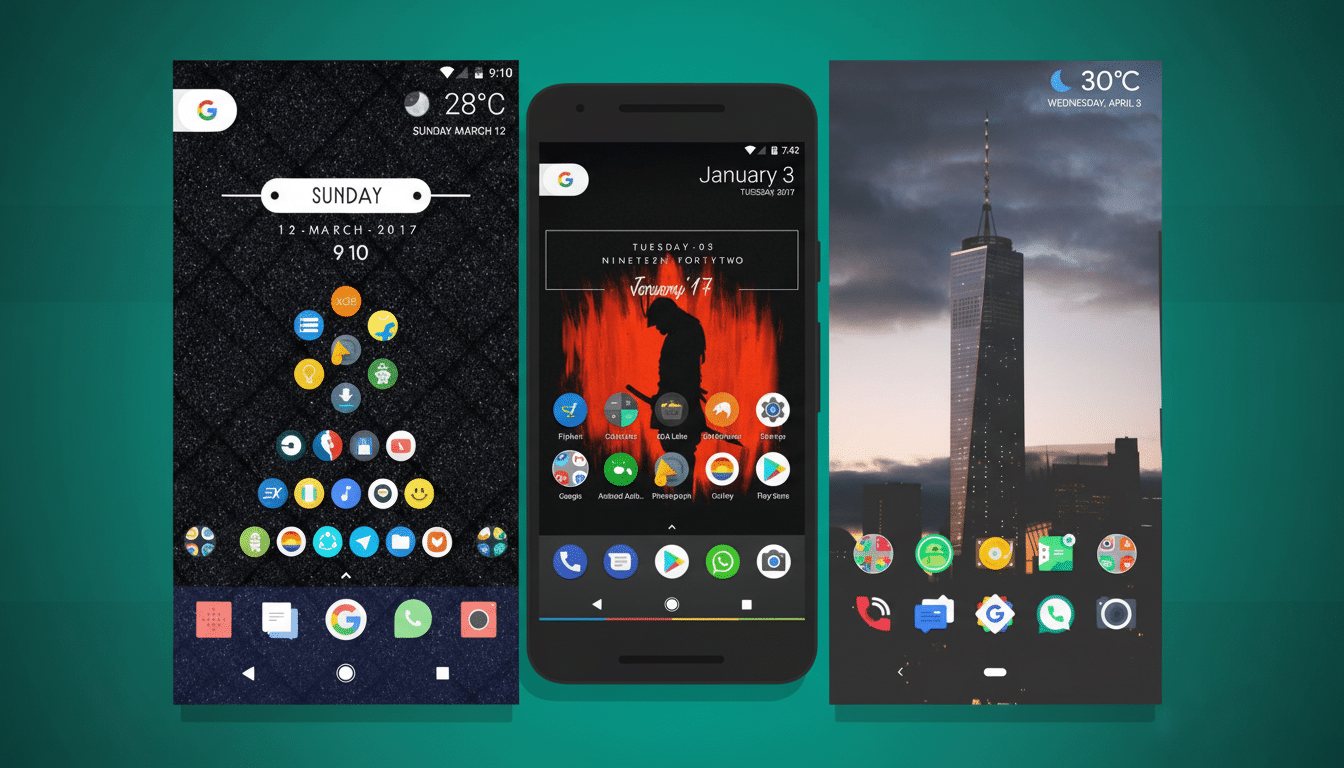 A 16: 9 aspect ratio image featuring three smartphone screens displaying different Android home screen customizations. The left screen has a dark text