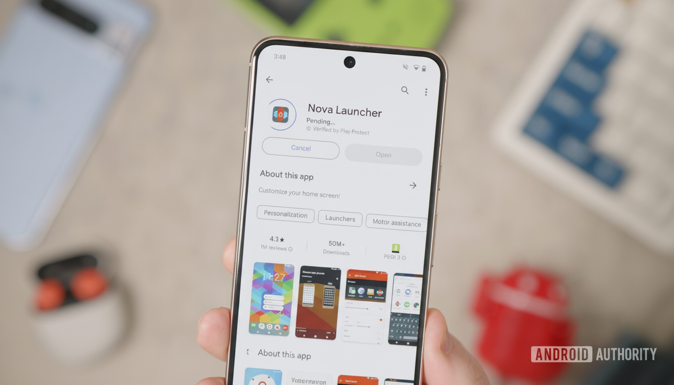 A smartphone displaying the Google Play Store page for Nova Launcher, with the app installation pending.
