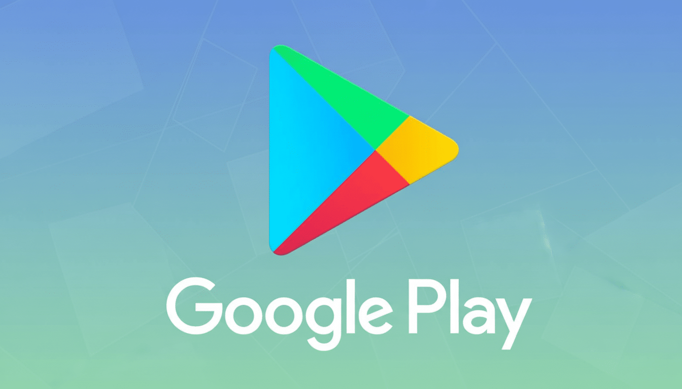 The Google Play logo with the text Google Play below it, set against a professional soft gradient background with subtle geometric patterns.