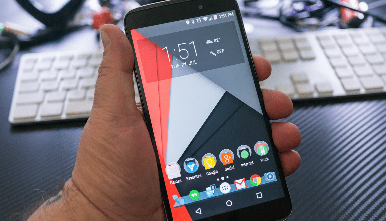 A hand holding a smartphone displaying a home screen with a red, black, and white geometric wallpaper and various app icons.