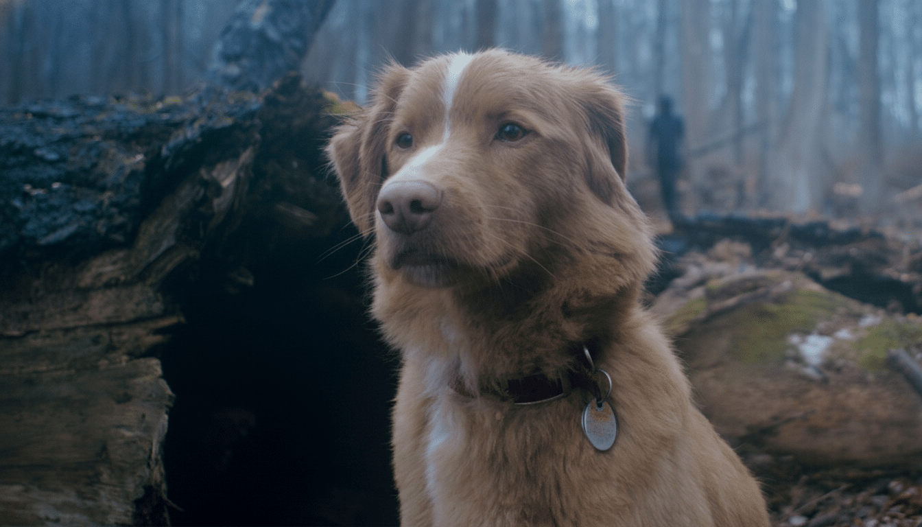 A Nova Scotia Duck Tolling Retriever dog with a white stripe on its head, wearing a red collar with a tag, sitting in a misty forest. A dark, silhouet
