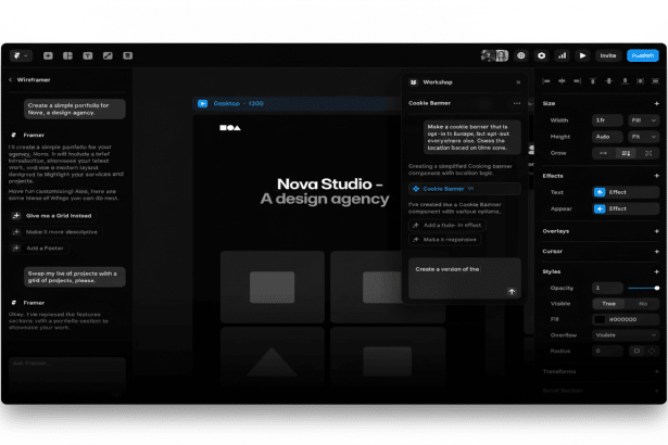 A professional dark- themed UI design application, possibly Framer or similar, showing a project workspace titled Nova Studio - A design agency with v